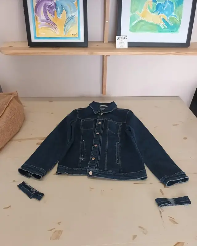 Veste en jean posée à plat, ses deux poignets à côté
